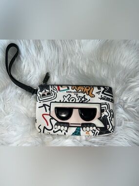 Karl Lagerfeld Paris Graphic Wristlet Phone Pouch with Pink & Black Accents